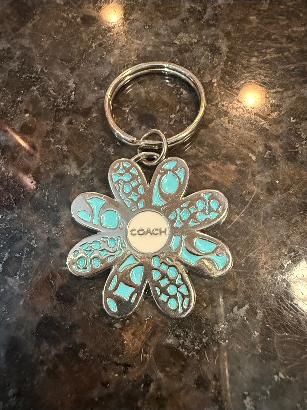 Vintage Coach Silver-Tone Flower Keychain with Turquoise Accents